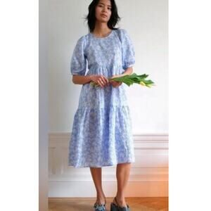 Wray Sz L Rosemary Tiered Dress Midi Blue Cotton Floral Feminine Prairie Cottage